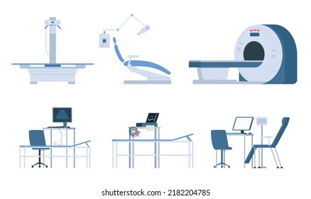 Medical Diagnosis Equipment Flat Icon Set Diagnostic Medical Devices Ct Mri Ultrasound Ecg Vector Illustration