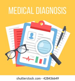 Medical diagnosis flat illustration. Diagnosis, clinical record, medical record concepts. Flat design elements for web banners, web sites, printed materials, infographics. Creative vector illustration