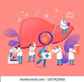 Medical Diagnosis, Hepatitis A, B, C, D World Day, Cirrhosis Concept, Tiny Doctors Taking Care of Patient Diseased Liver, Health Care, Cancer Awareness, Treatment. Cartoon Flat Vector Illustration