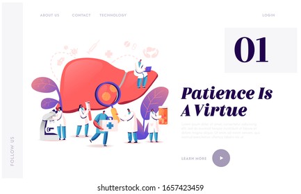 Medical Diagnosis, Hepatitis A, B, C, D World Day, Cirrhosis Website Landing Page. Tiny Doctors Taking Care of Patient Diseased Liver, Health Care Web Page Banner. Cartoon Flat Vector Illustration