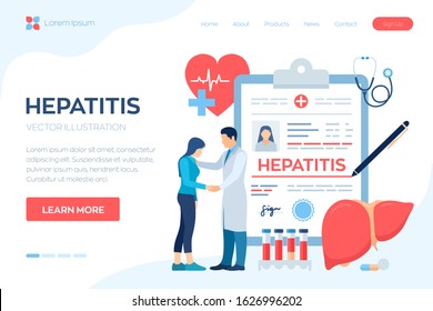 Medical Diagnosis - Hepatitis. Concept Of Hepatitis A, B, C, D, Cirrhosis, World Hepatitis Day. Doctor Taking Care Of Patient. Liver Cancer Awareness. Treat The Deasesed Liver. Vector Illustration.