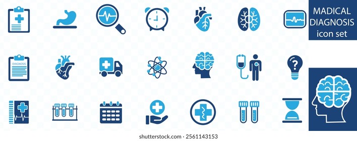 medical diagnosis icon set .Containing treatment, prevention, medical, health, diagnosis, report, illness, injury and more. Solid vector icons collection