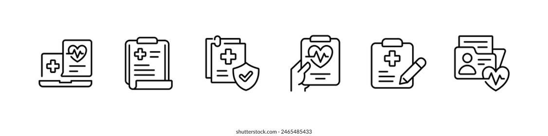 conjunto de iconos de Portapapeles de prescripción de diagnóstico médico informe de chequeo de atención médica análisis ilustración de línea de Vector