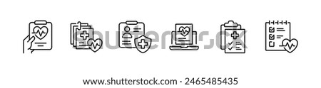 medical diagnosis report icon line set health care check-up analysis prescription clipboard document vector outline illustration