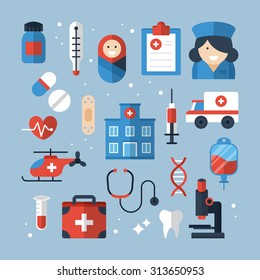 Medical diagnosis and treatment flat icons design. Vector illustration