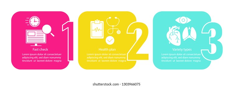 Medical diagnosis vector infographic template. Fast check, health plan, variety types. Data visualization with three steps and options. Process timeline chart. Workflow layout with icons