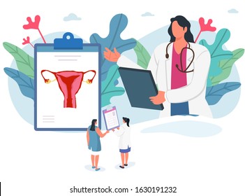 Medical diagnosis.Asian Doctor taking care of patient.Vector illustration concept of healthcare.Health education with uterus. Vector illustration.