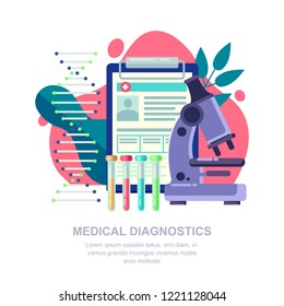 Medical Diagnostic Concept. Lab Research, DNA And Blood Test Vector Flat Illustration.