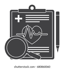 Medical diagnostic concept with medical report, pencil and magnifying glass, vector silhouette