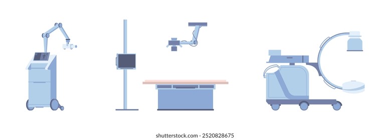 Dispositivo de diagnóstico médico para hospital. Vetor isométrico baixo equipamento policlínico médico, sistema de saúde e monitoramento. Tomografia e ultrassonografia por scanner, radiografia ou fluorografia