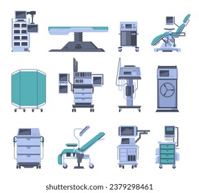 Medical diagnostic equipment. Medical laboratory elements, doctor patient room tools, health care technology cartoon style. Vector set of laboratory medicine equipment illustration