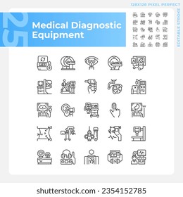 Medical diagnostic equipment pixel perfect linear icons set. Advanced technology. Clinical testing. Customizable thin line symbols. Isolated vector outline illustrations. Editable stroke