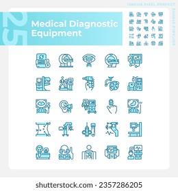 Medical diagnostic equipment pixel perfect light blue icons. Advanced technology. Clinical testing. RGB color. Website icons set. Simple design element. Contour drawing. Line illustration