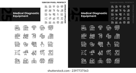 Iconos lineales perfectos para los píxeles del equipo de diagnóstico médico para el modo oscuro y luminoso. Tecnología avanzada. Pruebas clínicas. Símbolos delgados para la noche, tema del día. Ilustraciones aisladas. Trazo editable