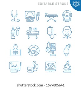 Medical diagnostic equipment related icons. Editable stroke. Thin vector icon set