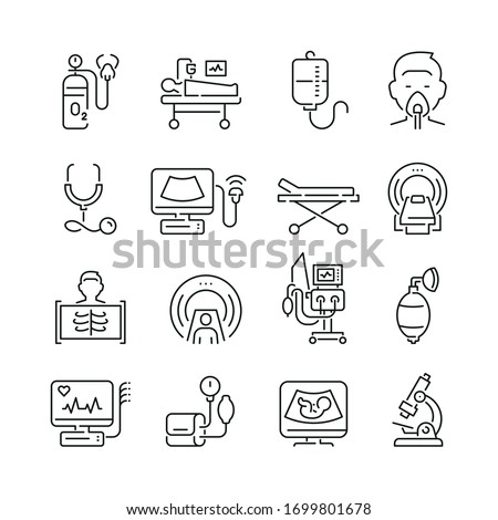Medical diagnostic equipment related icons: thin vector icon set, black and white kit