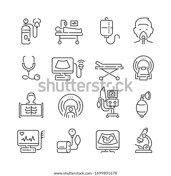 Medical diagnostic equipment related icons:\
thin vector icon set, black and white\
kit