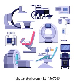 Medical diagnostic and examination equipment. Vector illustration of MRI scanner, gynecology and dentist chair, wheelchair, blood transfusion, cardiograph, ultrasound, radiology x-ray machine.