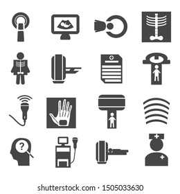 Medical diagnostic and test icons set with mri scanners doctor ultrasound machine probe human hand and spine x-ray images. Isolated vector illustration