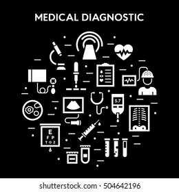 Medical diagnostic vector icon set. Flat health care and research signs. Medicine and chemical engineering. Clinical laboratory symbols: microbiology, immune analysis, xray, MRI, scan, blood testing