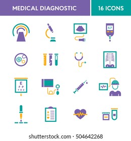 Medical diagnostic vector icon set. Medicine test signs in flat style. Clinical health care research and check-up. Hospital pictogram symbols of xray, MRI, scan, blood and glucose testing, vaccination