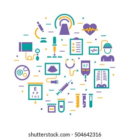 Medical diagnostic vector icon set. Medicine flat signs. Clinical laboratory research pictogram symbols: microbiology, medicine science, immune system analysis, xray, MRI, scan, blood glucose testing