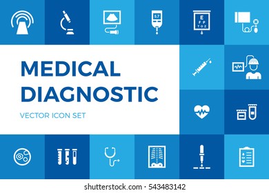 Medical diagnostic vector icon set. Medicine test signs in flat style. Hospital pictogram symbols of xray, MRI, scan, blood and glucose testing, vaccination.Clinical health care research and check-up