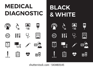 Conjunto de iconos de Vector de diagnóstico médico. Medicamento para signos planos. Símbolos de pictogramas de investigación de laboratorio clínico: microbiología, ciencia de la medicina, análisis del sistema inmunológico, radiografía, resonancia magnética, escaneo, prueba de glucosa en sangre.
