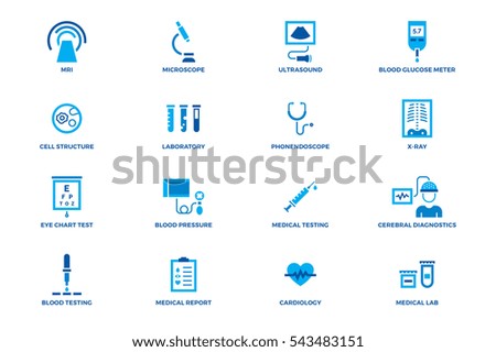Medical diagnostic vector icon set. Flat health care and research signs. Medicine and chemical engineering. Clinical laboratory symbols: microbiology, immune analysis, xray, MRI, scan, blood testing.