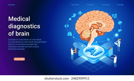 Medical diagnostics of brain. Modern treatment future medicine. Innovative health care analysis of AI technology. Isometric design