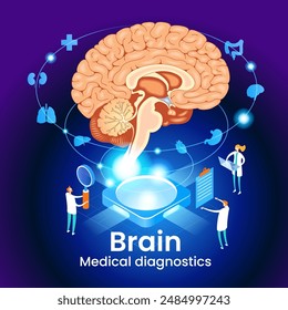 Diagnóstico médico del cerebro. Tratamiento moderno y medicina del futuro. Análisis innovador de la tecnología de la IA en la atención sanitaria. Diseño isométrico