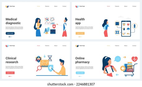 Medical diagnostics and clinical research, mobile health apps and pharmacy service set vector illustration. Cartoon tiny people buy pills online, patients research diagnosis report from hospital