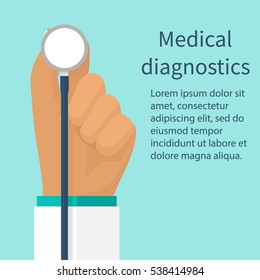 Medical diagnostics concept analysis, research. Vector illustration flat design. Web banner. Doctor hold medical stethoscope, isolated on background. Healthcare, diagnostic tool. Listen to heartbeat.