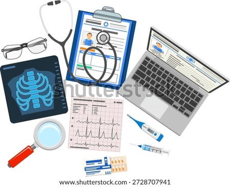 Medical diagnostics concept Doctors workplace and Medical diagnostics concept with flat icons laptop, x-ray, medical record, cardiogram, syringe. isolated vector illustration
