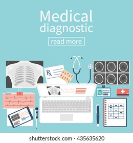 Medical diagnostics concept. Work table with doctor diagnostic equipment for research of a laptop. Medical technology, analysis and research. Web banner. Vector illustration flat design.