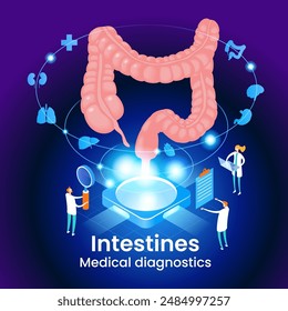 Medical diagnostics of intestines. Modern treatment future medicine. Innovative health care analysis of AI technology. Isometric design