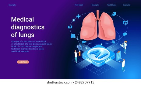 Diagnóstico médico de los pulmones. Tratamiento moderno y medicina del futuro. Análisis innovador de la tecnología de la IA en la atención sanitaria. Diseño isométrico