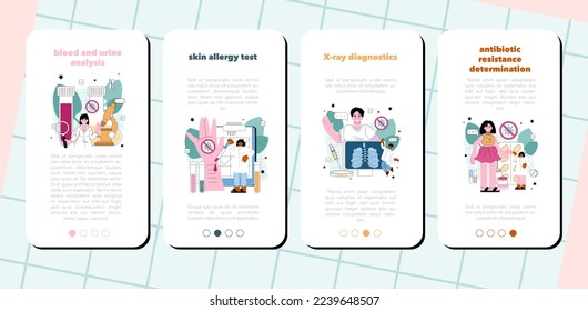Conjunto de banners de aplicación móvil de diagnóstico médico. Examen de salud anual. Pruebas clínicas manuales, exámenes médicos a un paciente. Ilustración vectorial plana