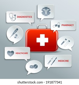 Medical diagnostics pharmacy healthcare emblem with medicine paper speech bubbles set isolated vector illustration
