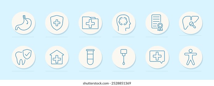 Icono de conjunto de diagnósticos médicos. Estómago, expediente médico, salud mental, salud dental, centro de salud, tubo de ensayo, goteo intravenoso, App de la salud, diagnóstico de la persona, atención al paciente, protección, seguro