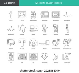 Medical diagnostics set of line icons in vector, illustration of endoscopy equipment, computed tomography and electroencephalogram, electrocardiography and X-rays.