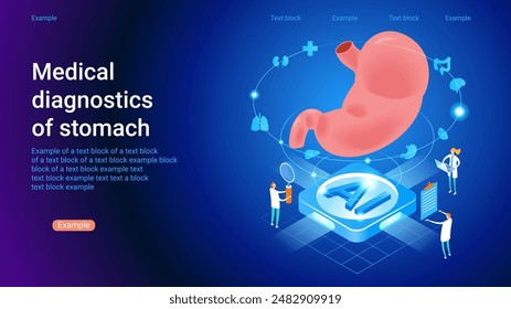 Medical diagnostics of stomach. Modern treatment future medicine. Innovative health care analysis of AI technology. Isometric design