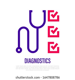 Medizinische Diagnostik in dünner Linie Symbol. Stethoskop und Kontrollzeichen. Medizinischer Bericht. Illustration zur Gesundheitsversorgung und medizinischen Vektorillustration.