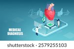 Medical diagnostics using AI technology concept.  Modern Innovative health care analysis, isometric design
