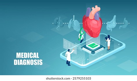 Medical diagnostics using AI technology concept.  Modern Innovative health care analysis, isometric design
