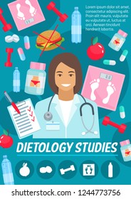 Medical dietology studies. Vector doctor with stethoscope and scales, dumbbells and capsulesor pills, apple and hamburger, diet prescription. Dietician and medications, proper nutrition