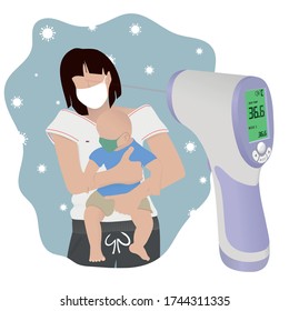 Medical Digital Non-Contact Infrared Thermometer, covid-19 checkpoint, a mother with her baby are subjected to a temperature control