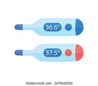 Medical digital thermometer isolated flat vector icons, normal and flu fever temperature, COVID-19 coronavirus diagnostics.