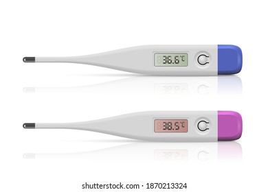 Medical digital thermometer set. Temperature scanners for fever vector illustration. Electronic equipment on white background. Instrument for measurement with healthy and sick result.