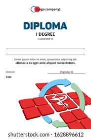 Medical Diploma Template With Red Cross And A Snake With A Bowl In Isometric. Flat Diploma Of The Winner Of Medical, Scientific And Educational Competitions. 